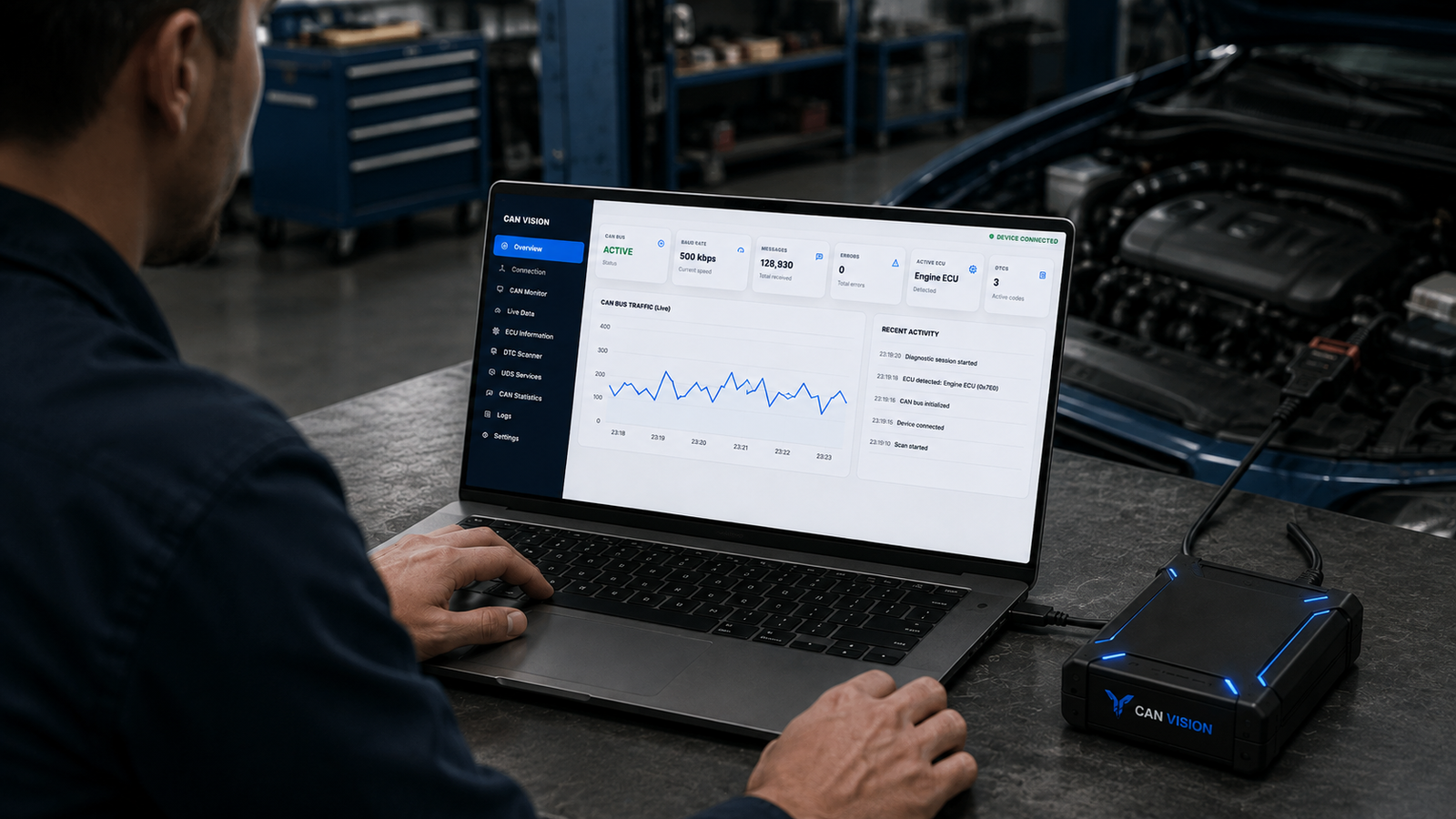 Technician using CAN Vision with a laptop