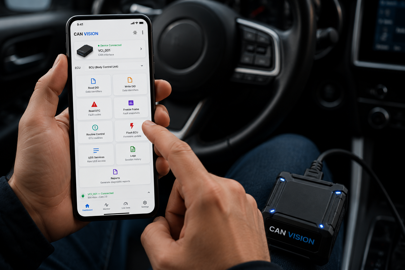 Technician using CAN Vision with a smartphone